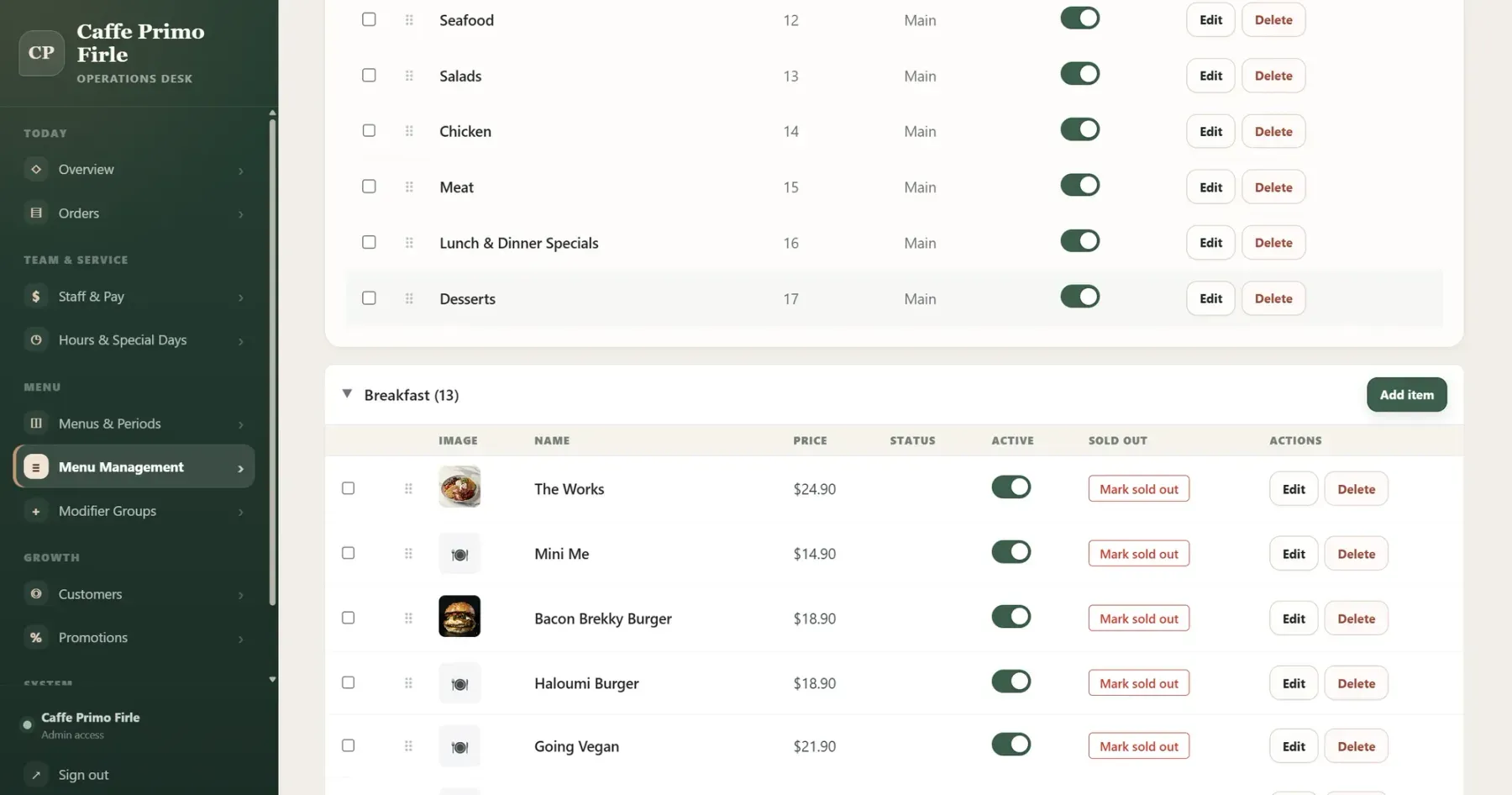 Menu management showing categories and breakfast items with prices, active toggles and Mark sold out controls
