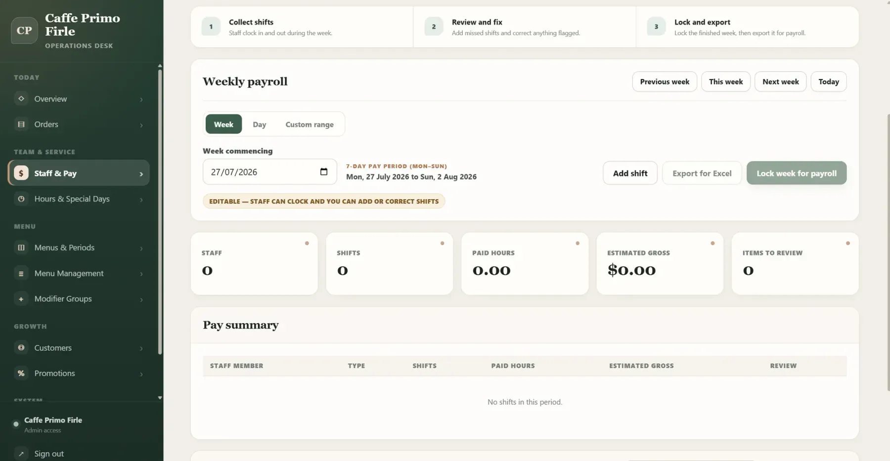 The payroll preparation screen showing hours and pay totals per staff member