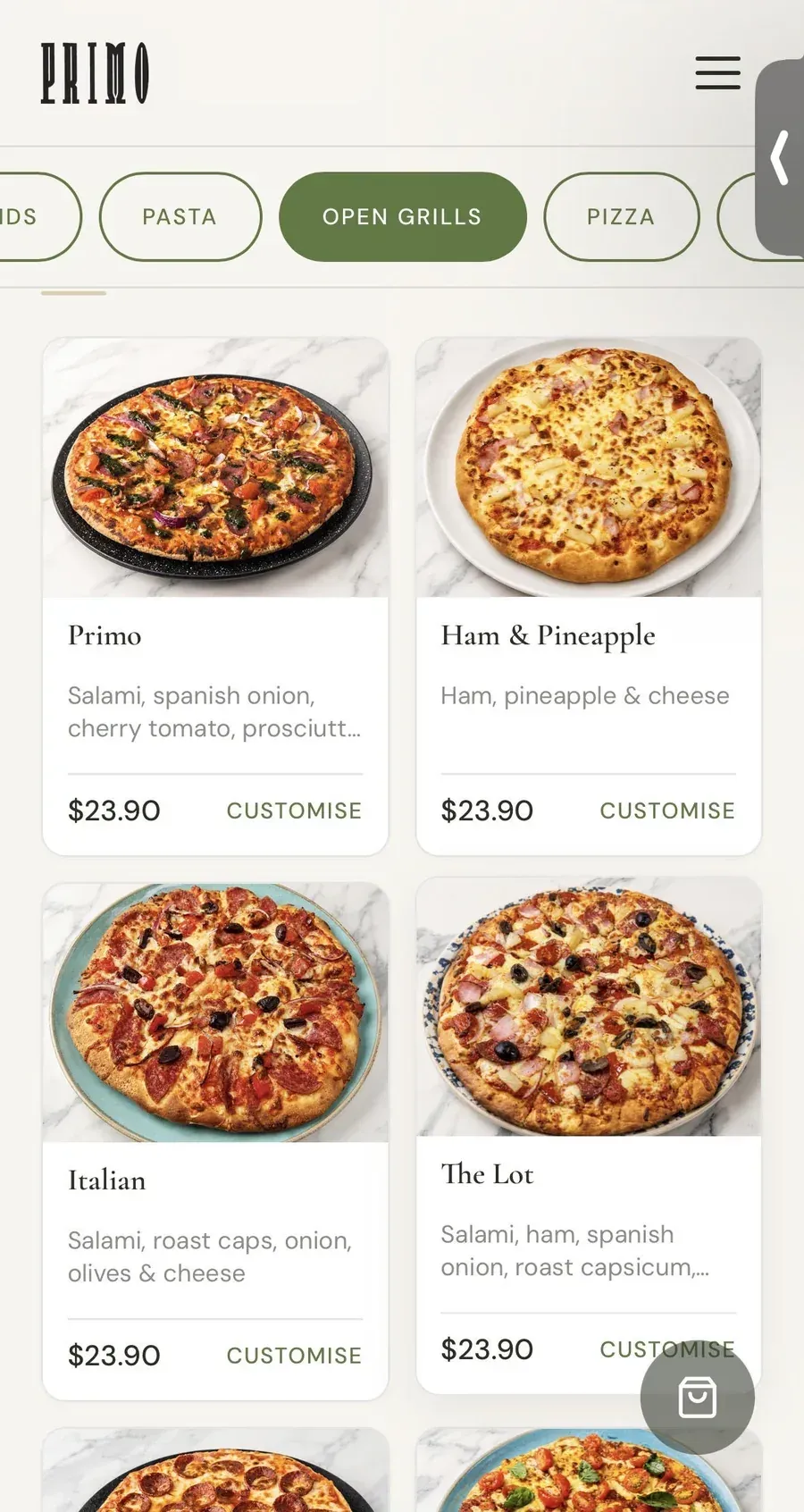 The customer ordering screen on a phone showing pizza menu items with prices and a Customise link