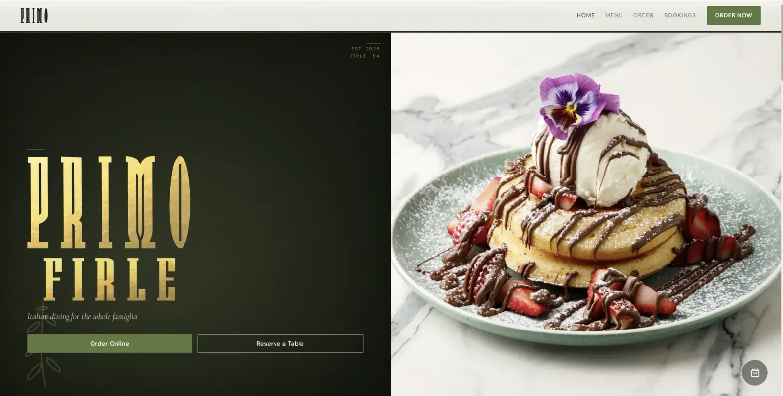 Caffe Primo Firle storefront: a dark green panel with a gold condensed serif wordmark beside a photograph of pancakes with ice cream