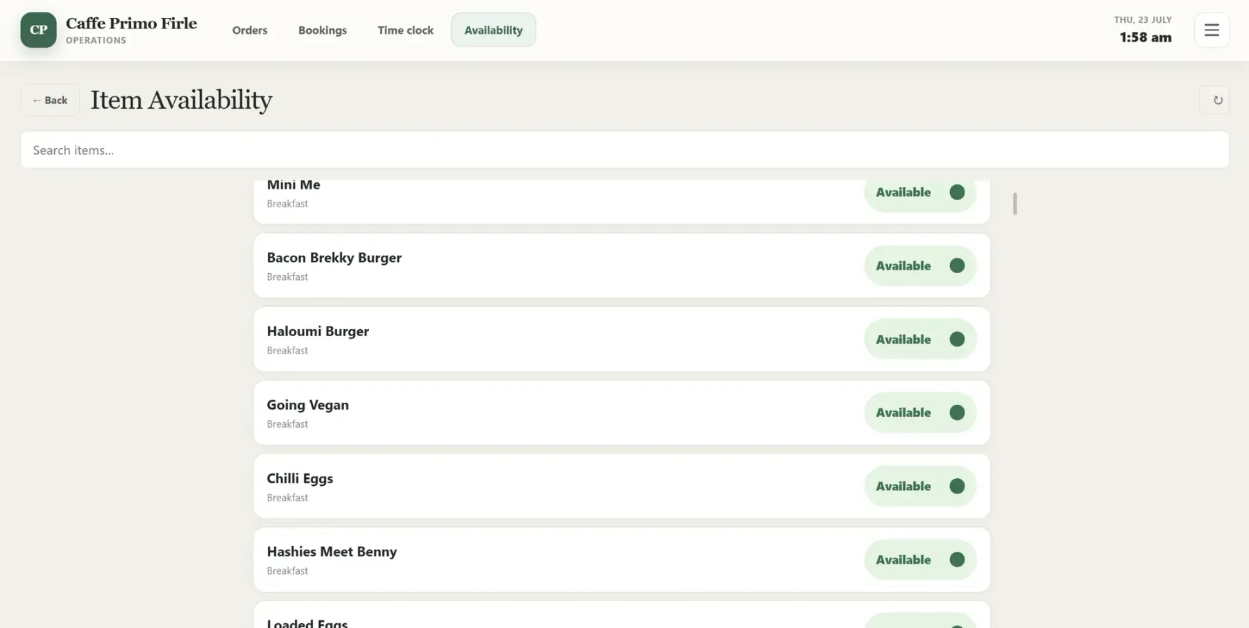 The staff availability screen showing team members and their available shifts